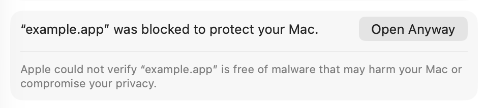 Screenshot of a macOS settings window. Example.app was blocked to protect your Mac. Button: 'Open Anyway'.